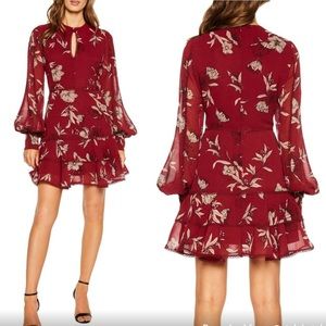 Bardot Tammy Red Floral Boysenberry Long Sleeve Ruffle Dress